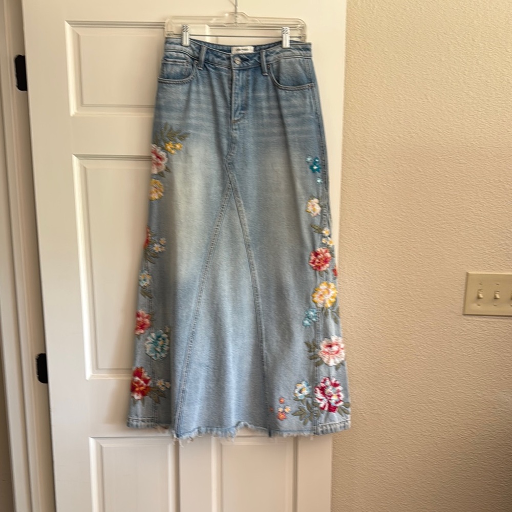 Free People Denim Maxi Skirt with Floral Embroidery